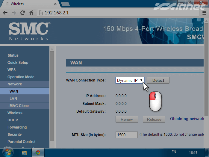 меню WAN Connection Type - Dynamic IP
